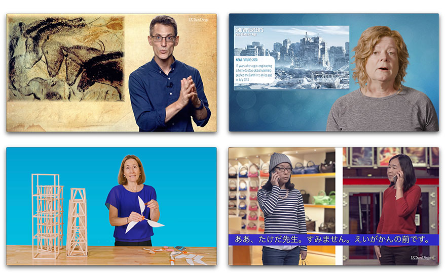 4 screenshots of green screen projects with presenters superimposed over various backgrounds