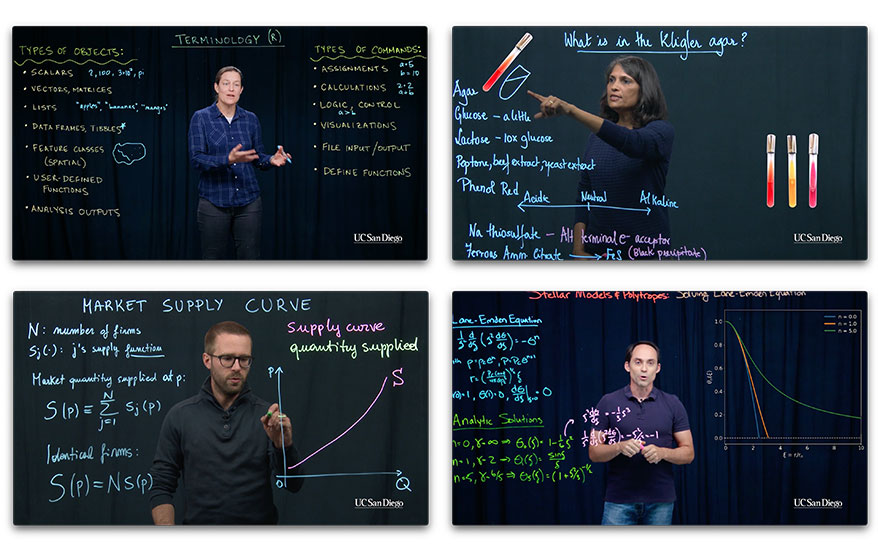 Screenshots of 4 sample learning glass projects with people standing behind the transparent surface with multi-colored writing in front of them