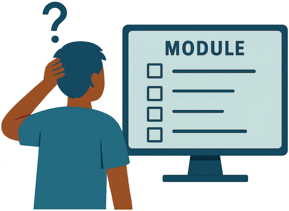 An image of a confused student looking at a module's worth of materials in an LMS.