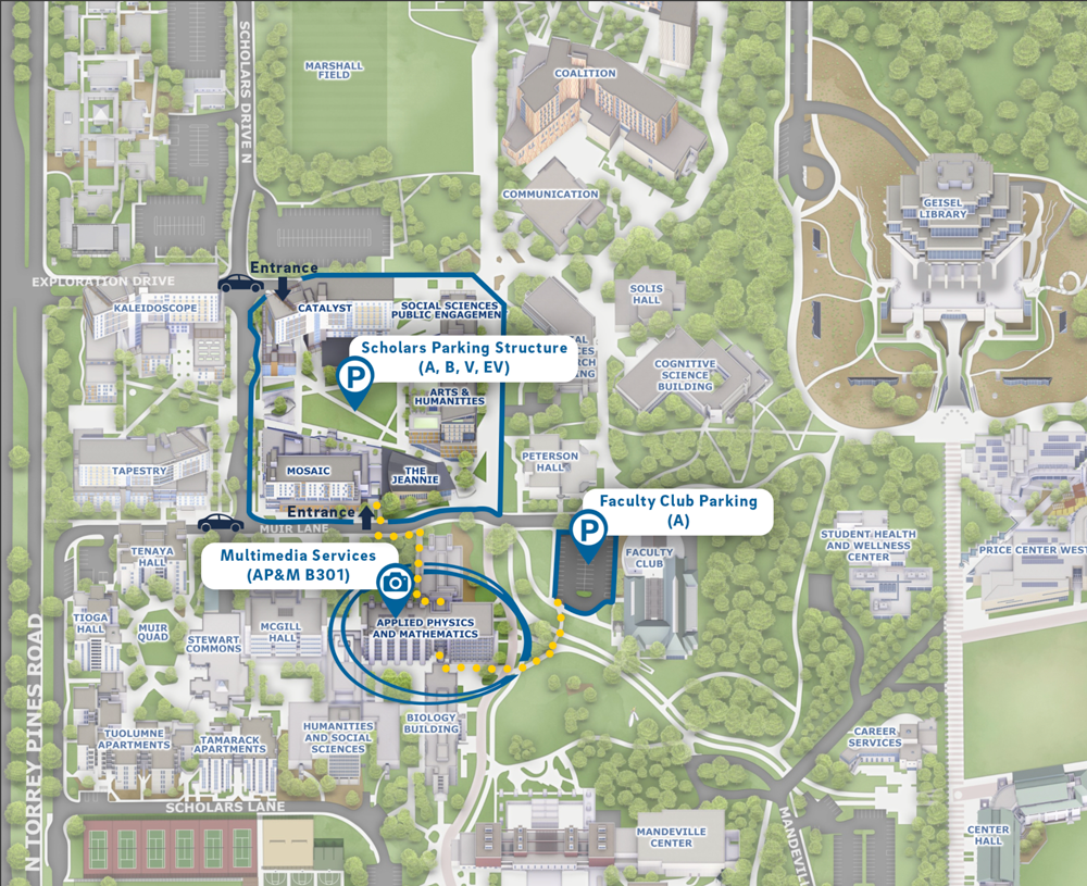 Map of UCSD showing the AP&M building highlighted in blue and the NTPLLN parking structure highlighted in red.