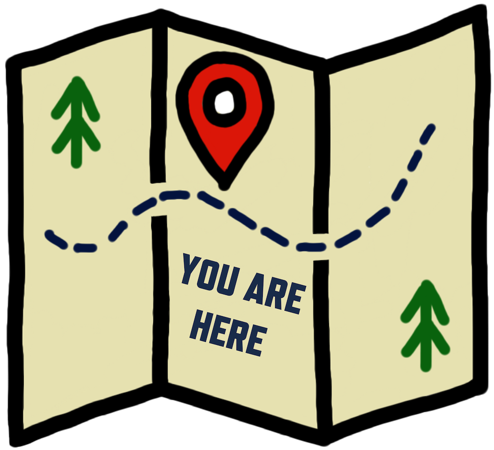 An illustration of a map with a point saying "you are here."