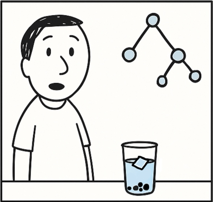 The instructor stands next to the same cup, now with floating ice and pebbles, as a simple molecular diagram appears beside them.