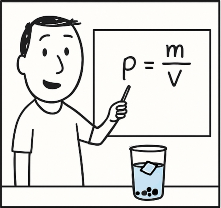 The instructor points to a whiteboard showing the formula for density (ρ = m / V), with the cup of water still on the table.
