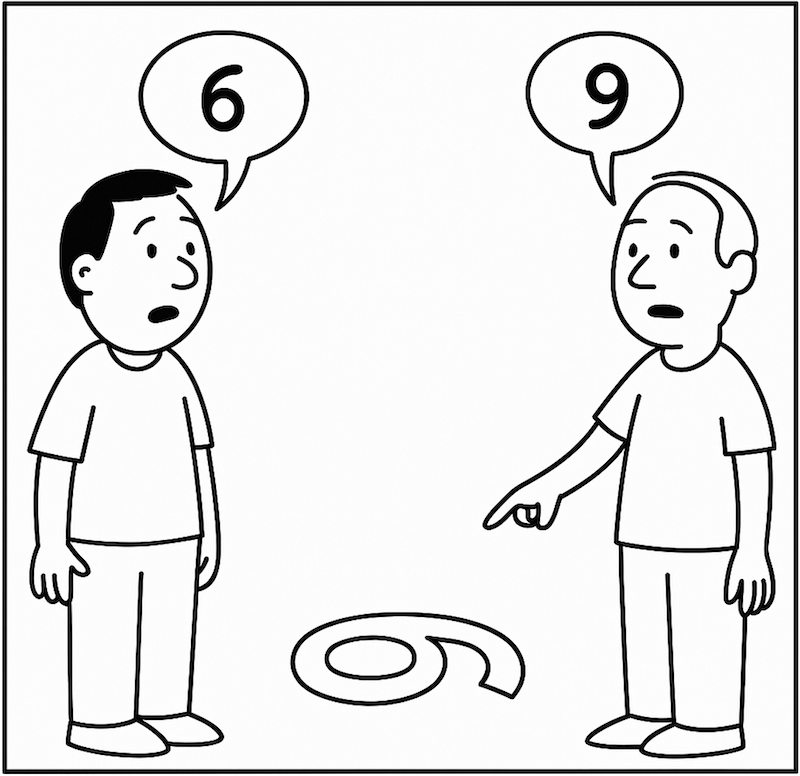 Two people stand on either side of a figure on the ground that looks like a 6 or a 9, each interpreting it differently.
