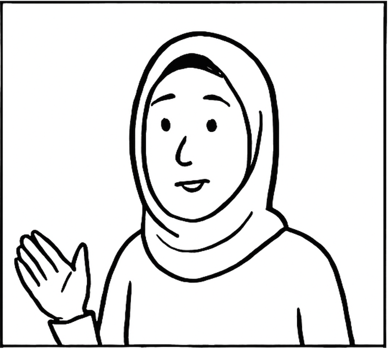 A woman in a hijab speaks to the camera with one hand raised.