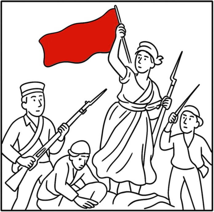 A line drawing of a famous French Revolution painting with a woman holding a flag and a group of revolutionaries.