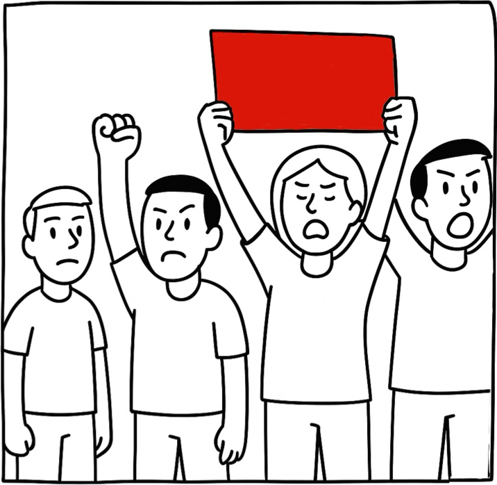 A modern protest scene with young people holding signs and raising their fists in the air.