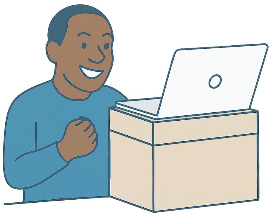 An instructor in front of a laptop on top of boxes gestures enthusiastically to the laptop's camera.
