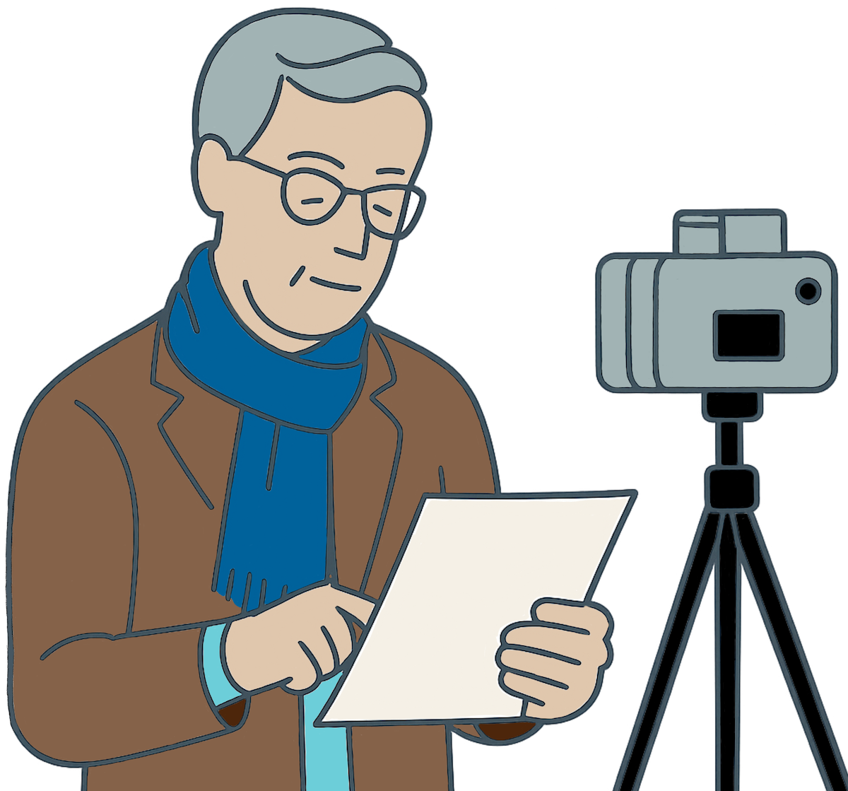 A professor stands in front of a camera, looking at a script.