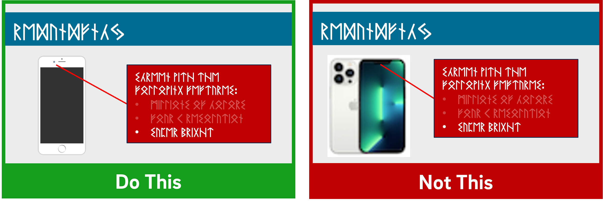 Two slides comparing the use of meaningful imagery. The left includes a smartphone graphic with a callout highlighting key features (“Do This”); on the right the image of the phone is quite pixelated (“Not This”).
