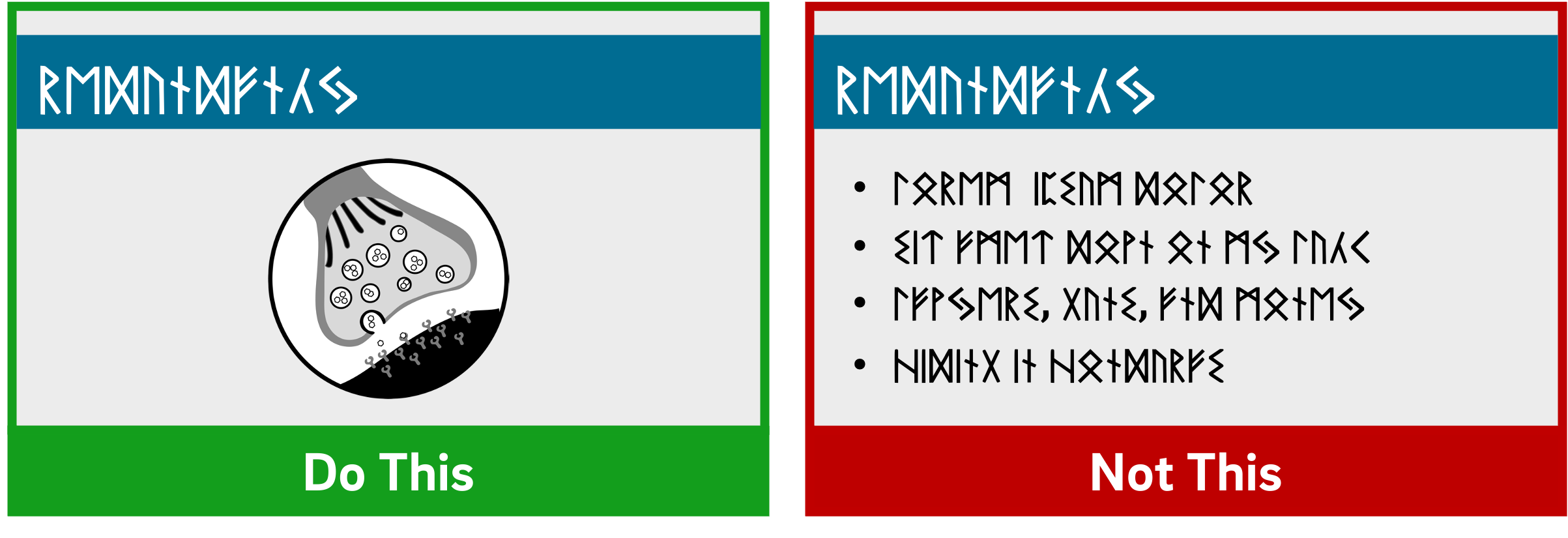 Two slides illustrating the relationship between images and words. The left includes both a graphic and accompanying text (“Do This”); the right contains only a bulleted list of text without imagery (“Not This”).