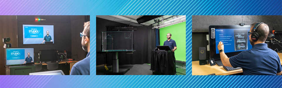 Photos of person using Studio U in green screen, learning glass and slide recording modes